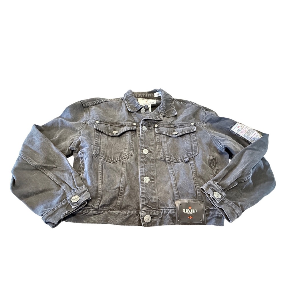 Soviet Vintage Mens Black Denim Trucker Jacket Graphic Patch Size Medium
